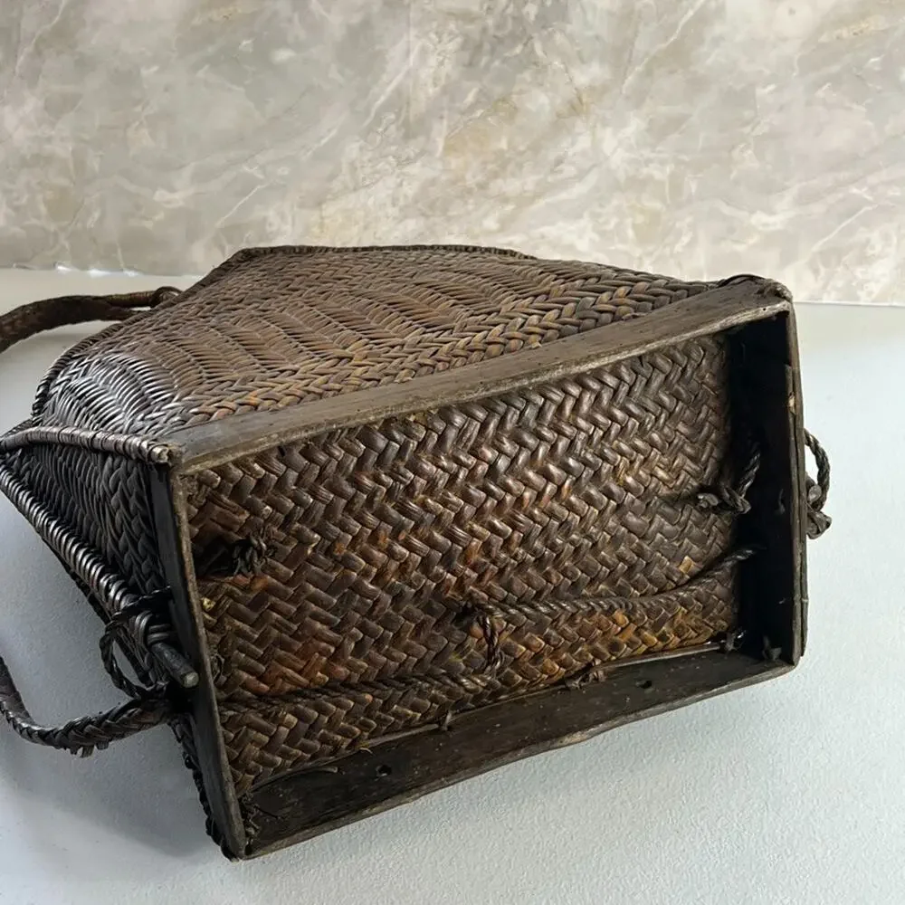 Vintage Ifugao Natural Carved Woven Wicker Basket Backpack From the Philippines